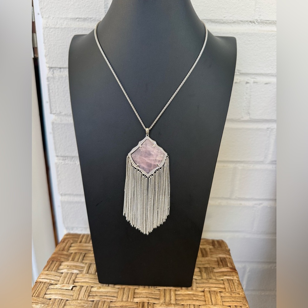 Kendra Scott Kingston Silver Tassel & Rose Quartz Statement Necklace